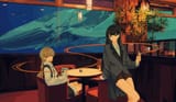 Konachan.com - 333095 2girls black_hair book braids cigarette couch green_eyes kogecha_(coge_ch) long_hair original red_eyes shorts water