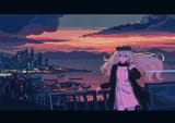 Konachan.com - 248023 boat building cigarette city clouds gray_hair headdress kogecha_(coge_ch) long_hair original pink_eyes scenic sky smoking sunset