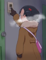 lolibooru 133616 1girl black_hair bubukka coat doorbell face_mask gloves mask original short_hair solo surgical_mask