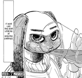 kyuu from beastars looking at walking garbage while drinking from a glass