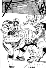 roman gladiator and trex attack a football player