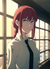 3978527730-3357242141-csm anime style, makima _(chainsaw man_), 1girl, solo, necktie, smile, braid, looking at viewer, shirt, black necktie, ringed ey