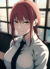 3978521284-3752379596-csm anime style, makima _(chainsaw man_), 1girl, solo, necktie, smile, braid, looking at viewer, shirt, black necktie, ringed e