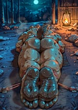 male_anthro_hyena__solo__muscular__bound__head_down__lying_on_stomach__