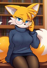 female, anthro, miles prower, ears down, blue eyes, yellow fur, narrowed eyes, s s-867066914