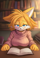 female, anthro, miles prower, ears down, blue eyes, yellow fur, narrowed eyes, s s-3298893836