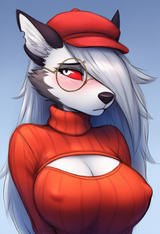 female, solo, anthro, loona (helluva boss), red flat cap, round glasses, shy, ha s-1124929103