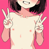 1girl, close-up, flat chest, completely flat chest, topless, double peace, nippl s-2500782051