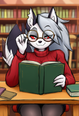 female, solo, anthro, loona (helluva boss), adjusting round glasses with one h s-4084648916