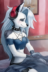 female, solo, anthro, loona (helluva boss), closed eyes, tears, smile, headphone s-3178942499