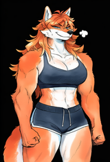 female, solo, anthro, fox, bara, smug, longmhair, messy hair, muscular, arms at s-1149728959