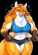 female, solo, anthro, fox, bara, laughing, closed eyes, long, hair, messy hair, s-3789151197