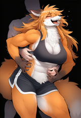 female, anthro, fox, bara, laughing, closed eyes, long, hair, messy hair, muscul s-612964445