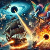 Pirate ship flying through space firing cannons at a celestial space dragon while spaceships are on fire in the background and a black hole is sucking in stars with lens flare effect and unicorns3