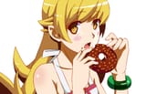 s - 2148023 - 1girl blonde_hair blush blush_stickers bracelet commentary_request doughnut eating fang food food_on_face jewelry