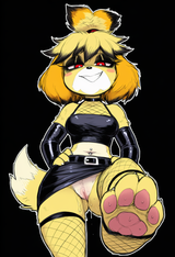 female, solo, anthro, isabelle (animal crossing), red eyes, black eyeliner, long s-275258819