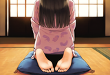 1girl, loli, barefoot, feet, soles, from behind, seiza, kneeling, kimono, wooden s-2065716437