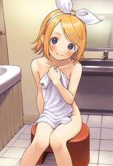 1girl, kagamine rin, nude, towel, holding towel, loli, tile floor, bathroom, st s-909680702