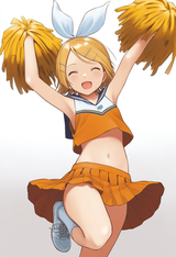 1girl, kagamine rin, cheerleader, crop top, pleated skirt, navel, standing on o s-124382844