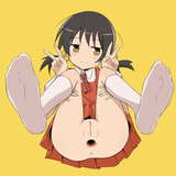1girl, vocaloid, kaai yuuki, skirt lift, yellow background, no panties, on back, s-3963199908
