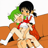 2girls, vocaloid, koiwai yotsuba, kaai yuki, shirt lift, lap, on lap, couch, sit s-2966673402