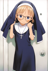 1girl, loli, aged down, nun, habit, blonde hair, blue eyes, glasses, freckles, f s-2800208988