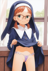1girl, loli, aged down, nun, habit, red hair, green eyes, glasses, freckles, fla s-1631114598