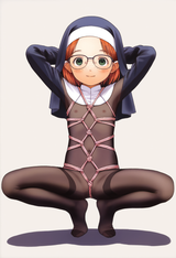 1girl, loli, aged down, nun, habit, red hair, green eyes, glasses, freckles, fla s-4003445038