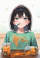 1girl, {{{{flat chest, completely flat chest}}}}, food on shirt, green shirt, we s-1649347192