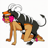 1girl, Phoebe (pokemon), all fours, nsfw, from side, bestiality, Houndoom, pokem s-2524608616