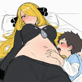 1girl, 1boy, age difference, shota, blush, Cynthia (pokemon), navel, tummy, lick s-2100875412
