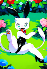 no humans, mew (pokemon), pokemon, grass, flower, smile, sparkling eyes, on grou s-1523486494