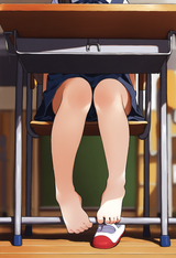 1girl, loli, aged down, black skirt, sitting, bare, desk, classroom, wooden floo s-3888682253