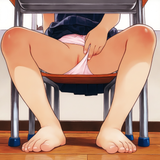 1girl, loli, aged down, black skirt, sitting, bare, desk, panties aside, classro s-67521645