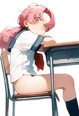 1girl, small breasts, blue eyes, pink hair, long hair, bottomless, serafuku, whi s-2356288629
