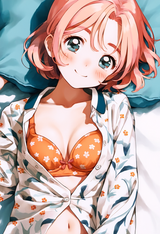 1girl, close-up, orange bra, large breasts, smile, head tilt, blush, unbuttoned, s-1342815900