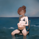 1girl, loli, aged down, leotard, pregnant, black bikini, bikini, smile, hands on s-1717413874