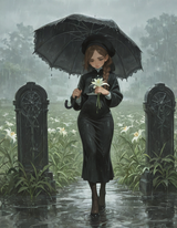 00356-772987798-realistic,__standing, mourning, holding umbrella, looking down, straight-on, sad, Crying With Eyes Open, holding flowers, lily,_