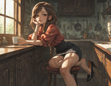 00363-805839755-realistic,__sitting, drinking tea, head rest, sad, holding cup, shoe dangle,__petite, slim, toned, narrow waist, narrow shoulder