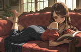 00366-4134549564-realistic,__laying, sofa, reading, book to face, sad,__petite, slim, toned, narrow waist, narrow shoulders, wide hips, long legs