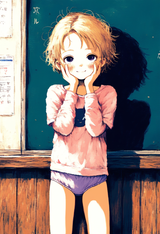 1girl, loli, child, baby girl, little sister, smile, legs apart, t-shirt, {long s-3436900009