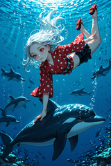 138343-2429822463-preteen girl long hair silver hair red eyes freckles, kimono, midriff, , under dolphin, underwater, huggin dolphin