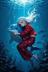 138346-3574404719-preteen girl long hair silver hair red eyes freckles, kimono, midriff, , under dolphin, underwater, hugging ice dolphin