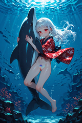 138392-647593330-preteen girl long hair silver hair red eyes freckles, kimono, midriff, pussy, under dolphin, underwater hugging dolphin, rainbow