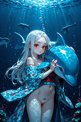 138394-647593331-preteen girl long hair silver hair red eyes freckles, kimono, midriff, pussy, under dolphin, underwater hugging dolphin, rainbow