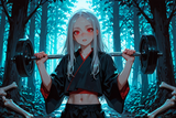 138435-3065046583-preteen girl long hair silver hair red eyes freckles, kimono, midriff, workout, training, deep dark forest, bone dumbbell