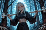 138438-2594715423-preteen girl long hair silver hair red eyes freckles, kimono, midriff, workout, training, deep dark forest, bone structures
