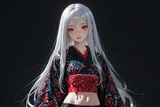 138445-2953234524-preteen girl long hair silver hair red eyes freckles, kimono, midriff, oil painting style