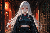 138446-2953234525-preteen girl long hair silver hair red eyes freckles, kimono, midriff, oil painting style