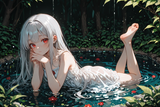 138482-3972503942-preteen girl long hair silver hair red eyes freckles, sole in koi pond